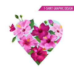 Love Romantic Floral Heart Design with Pink Hibiscus Flowers for Prints, Fabric, T-shirt, Posters. Spring and Summer Tropical Background. Vector illustration