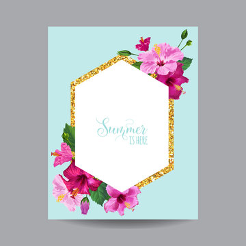 Blooming Spring and Summer Tropical Floral Frame. Watercolor Hibiscus Flowers Template for Invitation, Wedding, Baby Shower Card. Vector illustration
