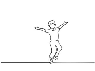 Boy running with hands up. Continuous line drawing. Vector illustration on white background