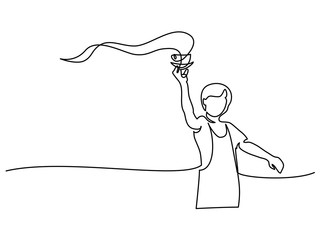 Boy garson with cup of tea coffee. Continuous line drawing. Vector illustration on white background