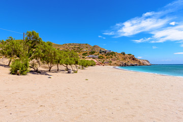 Fototapeta na wymiar View of sandy Kiriaki beach on Milos island in Greece. Cyclades.