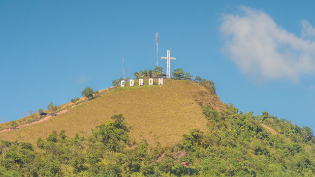 Coron sign with huge white letters on top of mount Tapyas - Main island in Busuanga territory at Calamian archipelago in northern part of Palawan.
