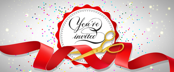 You are invited festive banner design with confetti, text on white circle and gold scissors cutting red ribbon. Template can be used for signs, announcements, posters.