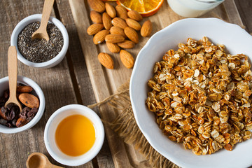home made granola on wooden surface surface