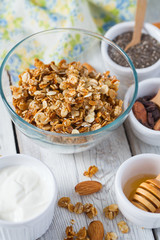 breakfast with granola on wooden surface