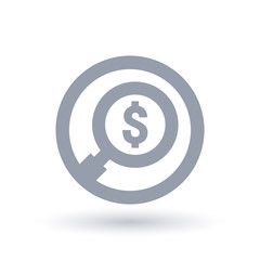 Money magnifying glass icon in circle outline. American dollar search symbol. Finance magnify sign. Vector illustration.