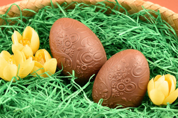 Chocolate Easter eggs stock images. Easter decoration photo. Spring decoration images. Easter concept