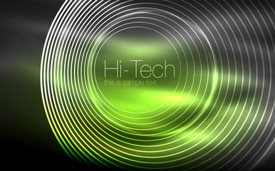 Circular glowing neon shapes, techno background. Abstract shiny transparent circles on dark technology space