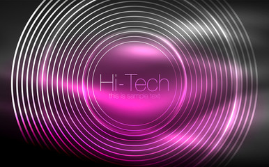 Circular glowing neon shapes, techno background. Abstract shiny transparent circles on dark technology space