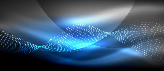 Obraz premium Glowing abstract wave on dark, shiny motion, magic space light. Techno abstract background