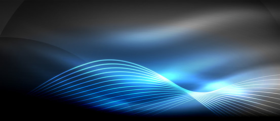 Glowing abstract wave on dark, shiny motion, magic space light. Techno abstract background