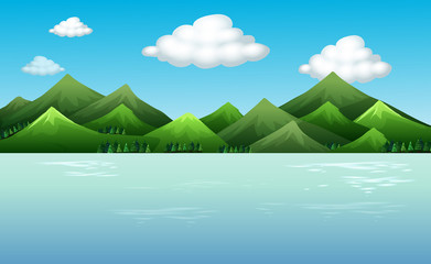Background scene with mountains and lake