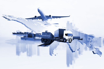 Transportation, import-export and logistics concept, container truck, ship in port and freight cargo plane in  commercial logistic, shipping business industry
