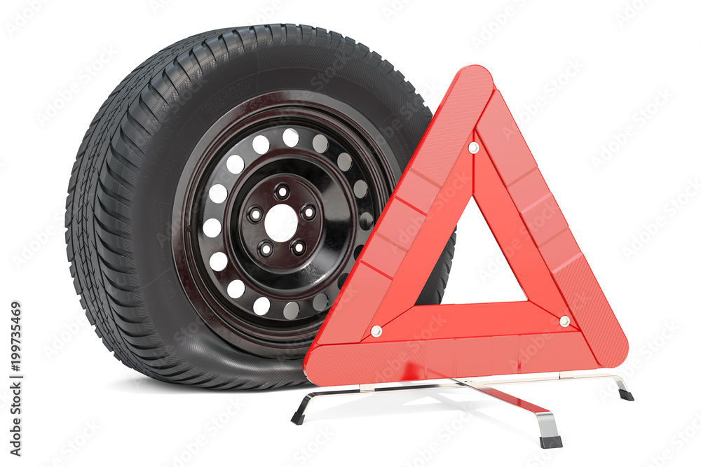 Poster punctured car wheel with emergency warning triangle. 3d rendering