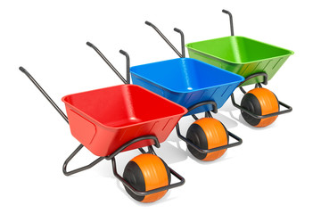 Set of colored ballbarrows, wheelbarrows. 3D rendering