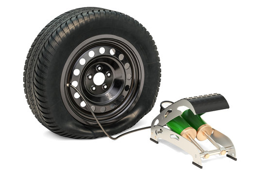 Puncture car wheel with high pressure air foot pump, 3D rendering