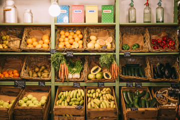 Exhibition of organic vegetables and fruits in market.