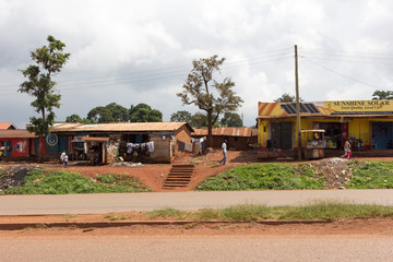 Jinja, Uganda. 21 May 2017. Bungalow houses along a road in the town of Jinja.