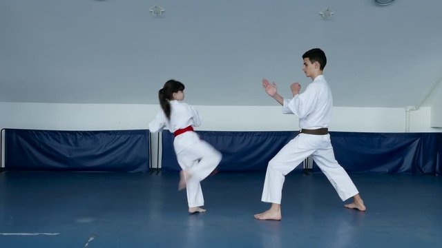 Little karate girl practicing karate leg kicks with her trainer.