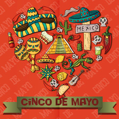 illustration of circular ornament in the form of a heart of Mexican symbols on a red isolated background
