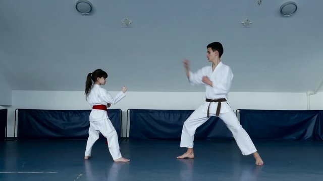 Little karate girl pracitcing karate moves with her trainer.