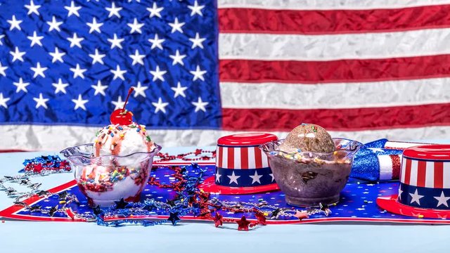Two bowls of chocolate and vanilla ice cream melting against a colorful American patriotic backdrop celebrating July fourth and Memorial Day.