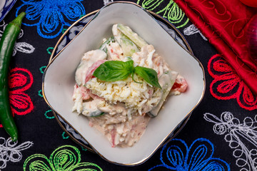 Shopska salad on bowl