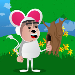 Obraz na płótnie Canvas Boy dressed as mouse making thumbs up sign. Vector cartoon character illustration.