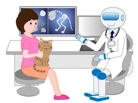 人工知能のロボット獣医師から治療を受けるペットの猫