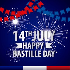 bastille day french celebration fireworks pennants july vector illustration