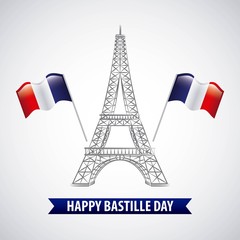 bastille day french celebration two flags tower eiffel white background vector illustration