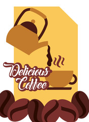 kettle pouring delicious coffee on porcelain cup and seeds poster vector illustration