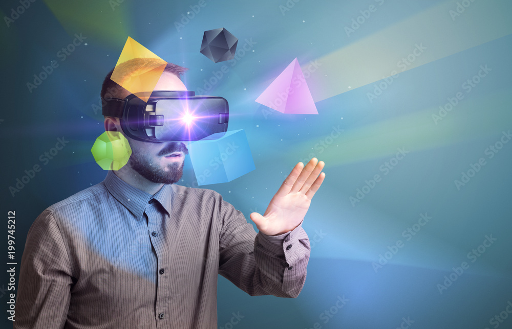 Poster amazed businessman with virtual reality colorful geometric shapes in front of him