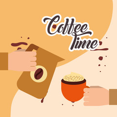 hand holding pitcher and hand with coffee cup vector illustration