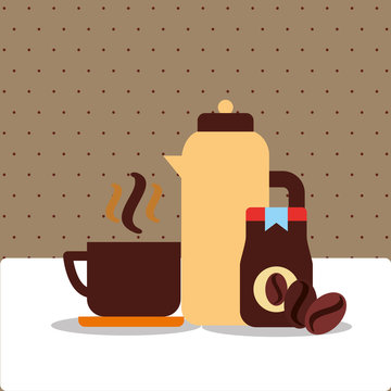coffee thermos ceramic cup bottle product and beans vector illustration