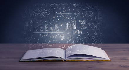 Hand-drawn financial plans and charts coming out of an open book 