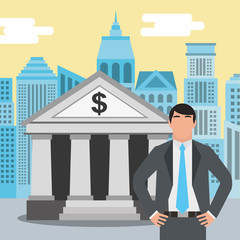 Obraz premium businessman standing at the bank building finance institution with city background vector illustration
