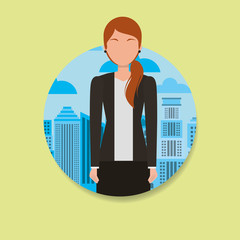 business woman character avatar with city background vector illustration