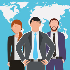 people business workers characters with world map background vector illustration