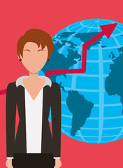 business woman portrait with globe map and growth arrow vector illustration