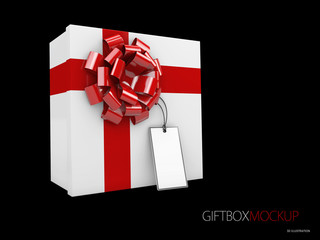 3d Illustration of White Square Gift Box with Red Ribbon and lable Isolated on black Background