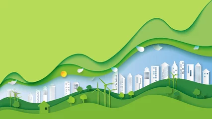  Ecologie en milieu instandhouding creatief idee conceptontwerp. Groene eco stedelijke stad en natuur landschap achtergrond papier kunststijl. Vectorillustratie. © Man As Thep