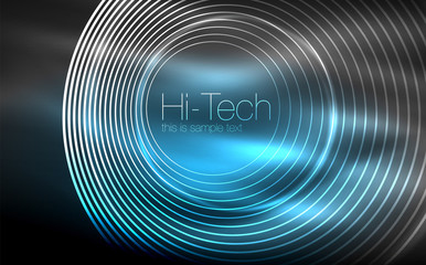 Circular glowing neon shapes, techno background. Abstract shiny transparent circles on dark technology space