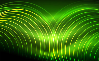 Obraz premium Circular glowing neon shapes, techno background. Abstract shiny transparent circles on dark technology space