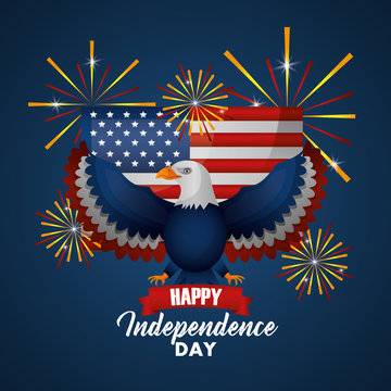 american independence day happy celebration fireworks eagle flag usa vector illustration