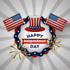 american independence day circle with top hat fireworks celebration vector illustration