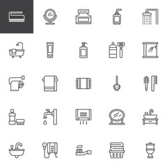 Toilet and Bathroom outline icons set. linear style symbols collection, line signs pack. vector graphics. Set includes icons as Brush, Mirror, Cream, Shampoo, Shower, Bathtub, Foam, Hand wash, Shave