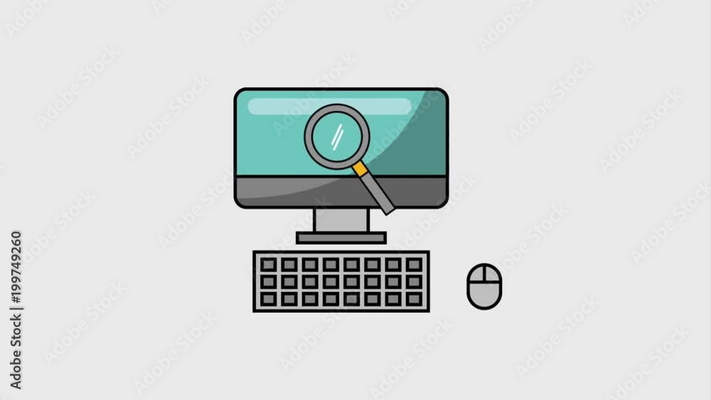 Poster computer keyboard and mouse with magnifying glass searching on screen animation hd