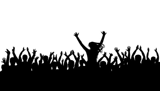 Applause crowd silhouette, cheerful people. Concert, party. Funny cheering, isolated vector. Girl on the shoulders of a man, silhouette background