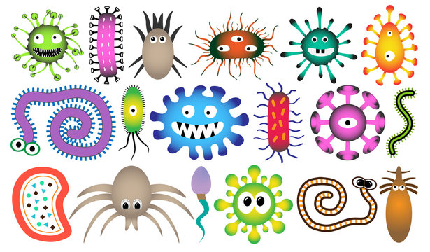 Personage monster, creature. Character of the set microorganism. Microbe, parasite, bacteria, virus, worm, sperm. Vector illustration set. Isolated on white background